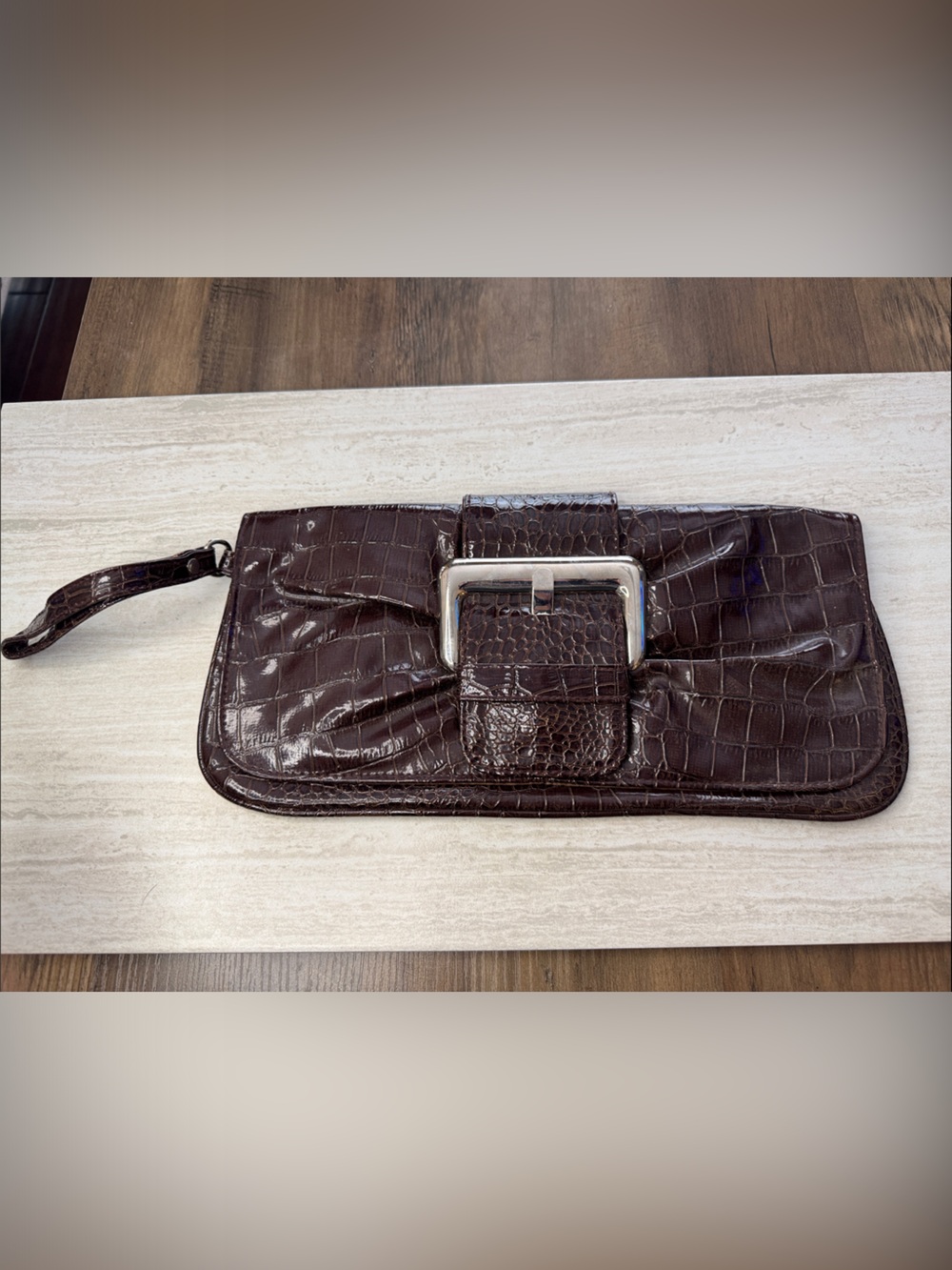Croc-Embossed Dark Brown Wristlet Clutch with Buckle